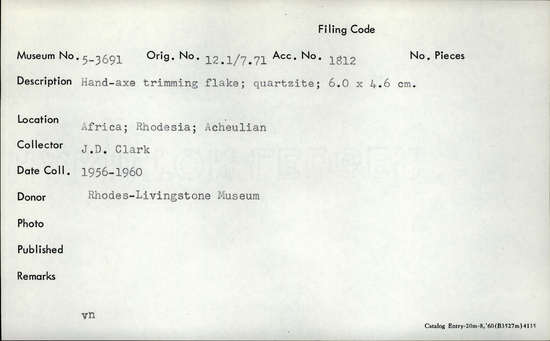 Documentation associated with Hearst Museum object titled Handaxe, accession number 5-3691, described as Hand-axe trimming flake; quartzite; 6.0 x 4.6 cm.