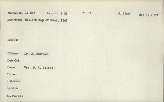 Documentation associated with Hearst Museum object titled Map, accession number 13-646, described as Nolli's map of Rome, 1748.