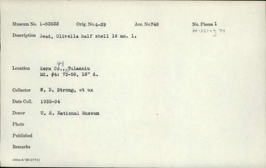 Documentation associated with Hearst Museum object titled Bead, accession number 1-53532, described as Olivella, half shell.