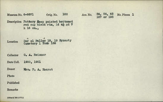 Documentation associated with Hearst Museum object titled Beer cup, accession number 6-6871, described as Pottery: deep pointed-bottomed red cup, black rim; least diameter 4.5 cm, greatest diameter 7 cm, height 16 cm.