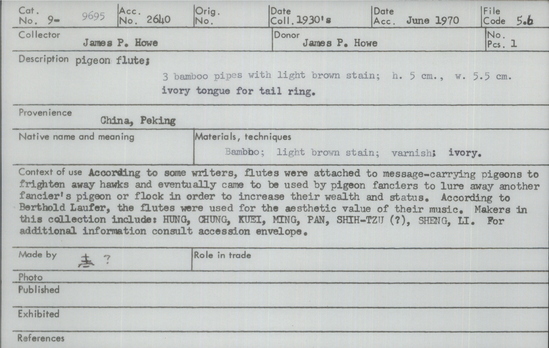 Documentation associated with Hearst Museum object titled Pigeon flute, accession number 9-9695, described as pigeon flute; 3 bamboo pipes w/light brown stain; ht. 5 cm, w. 5.5 cm, ivory tongue for tail ring.