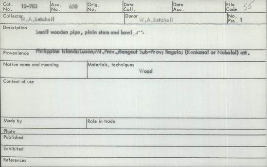 Documentation associated with Hearst Museum object titled Pipe, accession number 10-783, described as Small wooden pipe, plain stem and bowl