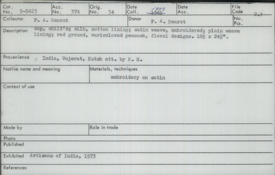 Documentation associated with Hearst Museum object titled Cap, accession number 9-5423, described as Cap, child’s silk, cotton lining; satin weave; embroidered; plain weave lining; red ground, varicolored peacock, floral designs. 18  1/2 x 24  1/2 inches.