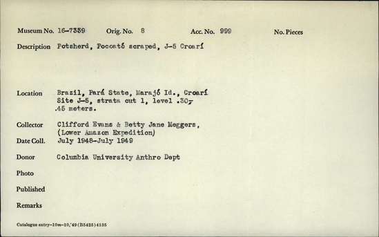 Documentation associated with Hearst Museum object titled Potsherds, accession number 16-7339, described as Pocoato scraped