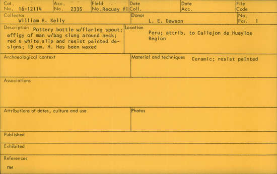Documentation associated with Hearst Museum object titled Bottle, accession number 16-12114, described as Pottery bottle with flaring spout; effigy of a man with bag slung around neck; red and white slip and resist painted designs. Has been waxed