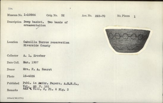 Documentation associated with Hearst Museum object titled Basket, accession number 1-10986, described as Deep. Two bands of ornamentation.