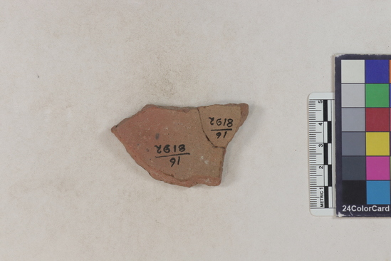 Hearst Museum object 141 of 183 titled Potsherd, accession number 16-8192, described as Potsherd: bodys Section of Manta on beach currently inhabited. Numbers  8111 to 8194 are sherds picked up on beach at low tide.