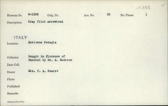 Documentation associated with Hearst Museum object titled Arrowhead, accession number 8-1326, described as Gray flint arrowhead