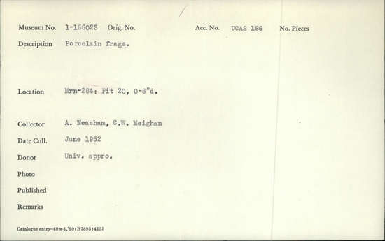 Documentation associated with Hearst Museum object titled Porcelain fragments, accession number 1-155023, described as Porcelain fragments. Notice: Image restricted due to its potentially sensitive nature. Contact Museum to request access.