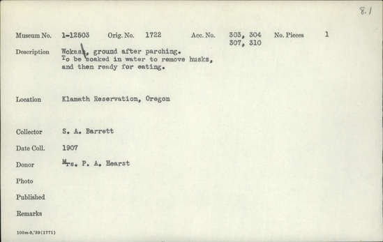 Documentation associated with Hearst Museum object titled Wokas, accession number 1-12503, described as Ground after parching.