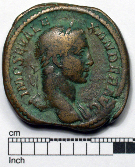 Hearst Museum object titled Coin: æ sestertius, accession number 8-5655, described as Coin. Roman. Sestertius, Æ. (   grams; 34 mm). Severus Alexander. 222-231/5 AD. Rome. Obverse: IMP  SEV  ALEXANDER  AVG   Bust facing right, laureate. Reverse: VICTORIA AVGVSTI   Victory standing facing left, holding wreath and palm; S C in field.