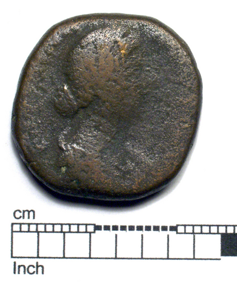 Hearst Museum object titled Coin: æ, accession number 8-6177, described as Coin: Æ; Faustina II - 12.27 grams. Obverse: illegible - Bust facing right. Reverse: illegible, SC - Female figure standing facing left draped, ? in right hand, cornucopiae (?) in left.