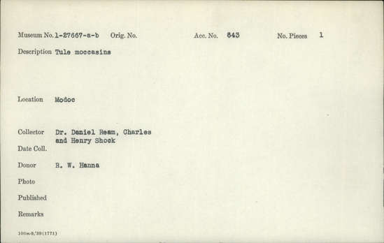 Documentation associated with Hearst Museum object titled Moccasins, accession number 1-27667a,b, described as Tule.