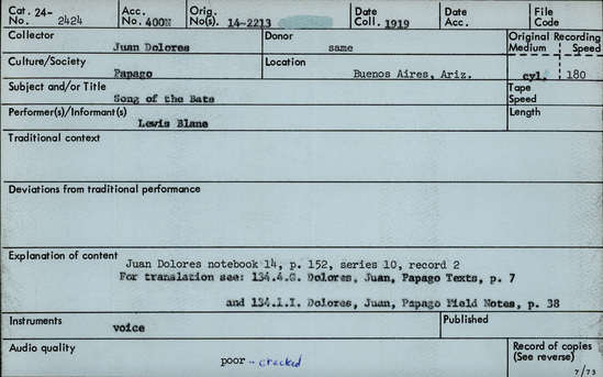 Documentation associated with Hearst Museum object titled Audio recording, accession number 24-2424, described as Song of the Bats Notebook 14, p.152 Series 10, Record 2