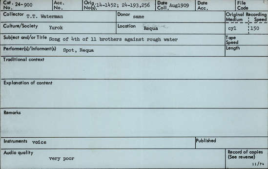 Documentation associated with Hearst Museum object titled Audio recording, accession number 24-900, described as Medicine Song for rough water from 4th of 11 brothers