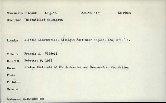 Documentation associated with Hearst Museum object titled Faunal remains, accession number 2-35432, described as Unidentified calcaneum/calcaneus.