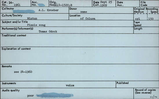 Documentation associated with Hearst Museum object titled Audio recording, accession number 24-1961, described as Pinole Song