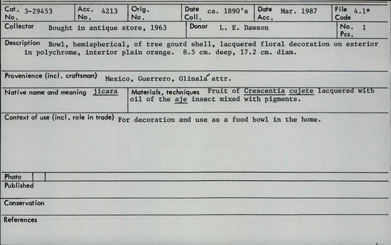 Documentation associated with Hearst Museum object titled Gourd bowl, accession number 3-29453, described as Bowl, hemispherical, of tree gourd shell, lacquered floral decoration on exterior in polychrome, interior plain orange. Diameter 17.2 cm, depth 8.5 cm