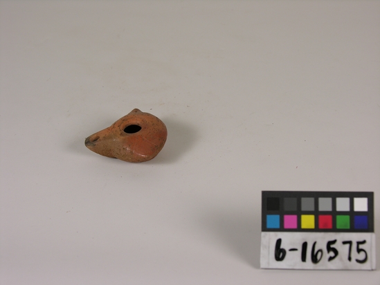 Hearst Museum object titled Oil lamp, accession number 6-16575, described as Pottery: lamp.