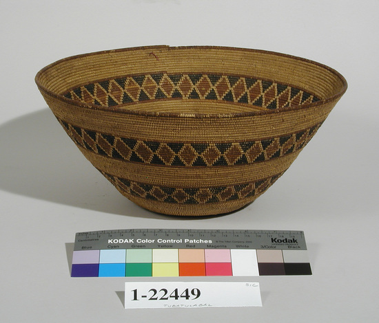 Hearst Museum object titled Basket, accession number 1-22449, described as Coiled, with black and red decorations.