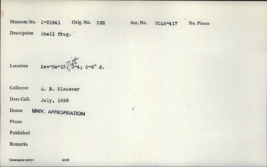 Documentation associated with Hearst Museum object titled Shell fragment, accession number 2-31841, described as Shell; fragment