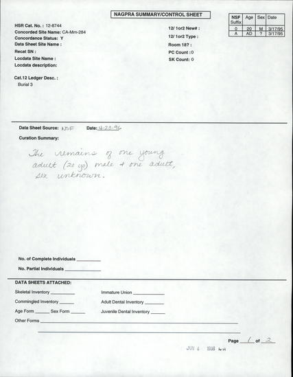 Documentation associated with Hearst Museum object titled Human remains, accession number 12-8744(0), described as Remains of one young adult (20 year old) male.