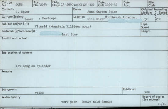 Documentation associated with Hearst Museum object titled Audio recording, accession number 24-2988, described as Vitaric (Mountain Killdeer Song)