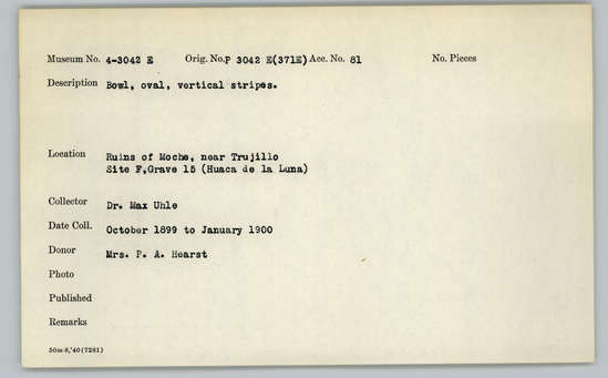 Documentation associated with Hearst Museum object titled Bowls (5), accession number 4-3042e, described as Bowl, oval, vertical stripes