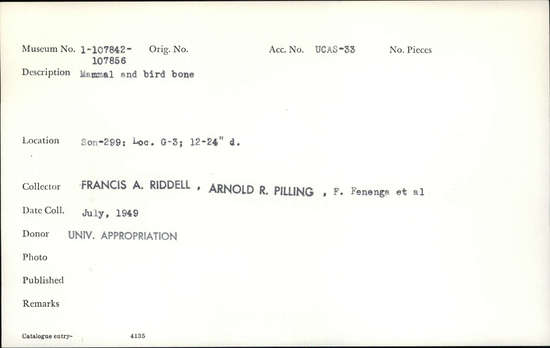 Documentation associated with Hearst Museum object titled Faunal remains, accession number 1-107855, described as Mammal and bird bone.