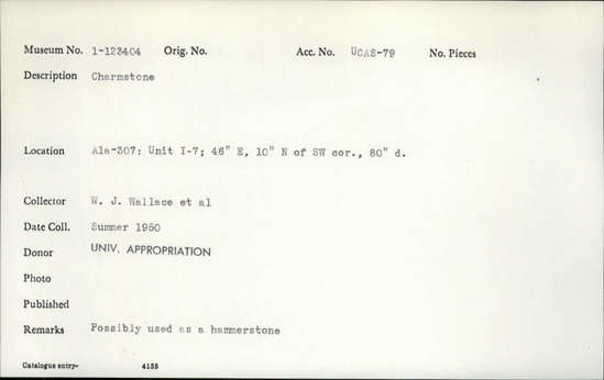 Documentation associated with Hearst Museum object titled Charmstone, accession number 1-123404, described as Charmstone.