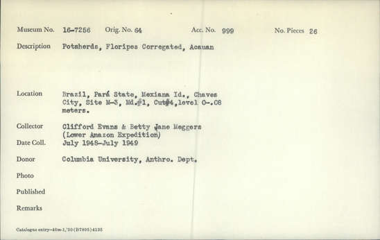 Documentation associated with Hearst Museum object titled Potsherds, accession number 16-7256, described as Potsherds; Floripes Corregated