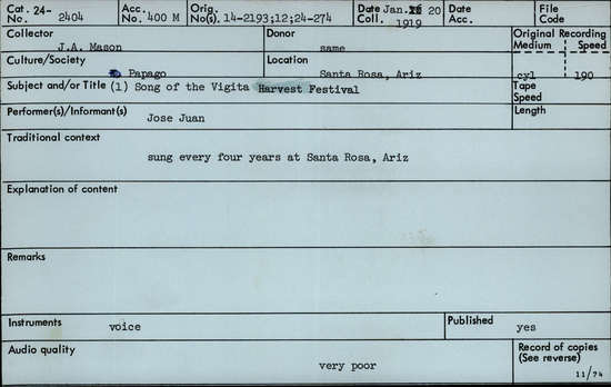 Documentation associated with Hearst Museum object titled Audio recording, accession number 24-2404, described as Song of the Vigita Harvest Festival #1