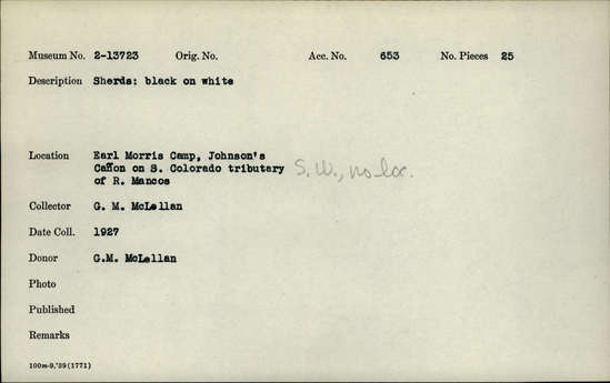 Documentation associated with Hearst Museum object titled Potsherds, accession number 2-13723, described as Black on white.