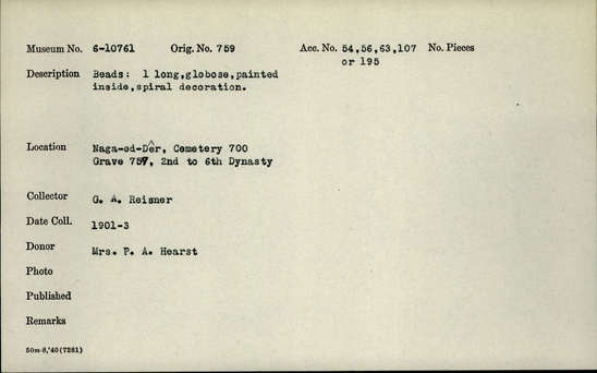 Documentation associated with Hearst Museum object titled Beads, accession number 6-10761, described as Beads: 1 long, globose, painted, inside spiral decoration.