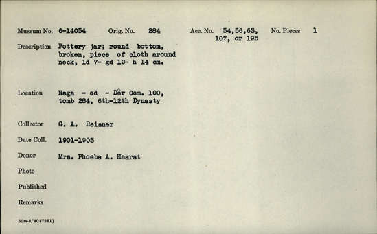 Documentation associated with Hearst Museum object titled Jar, accession number 6-14054, described as Pottery jar; round bottom, broken, piece of cloth around neck, lesser diameter 7- greater diameter 10- height 14 cm. [inv.: ovoid, linen wrapped around rim]