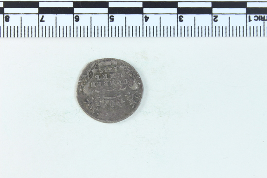 Hearst Museum object 4 of 4 titled Coin: silver 1 grivenik, accession number 7-2728, described as coin: AG; obverse-Б.М. ЕΛИСАВЕТbІ. ІМП. І CAMOД. BCE. POC reverse-ГPИBEHHИКЪ-1745-1 grivenik-Empress Elizabeth