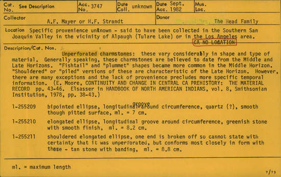 Documentation associated with Hearst Museum object titled Charmstone, accession number 1-255209, described as Unperforated charmstone; bipointed ellipse, longitudinal groove around circumference, quartz (?), smooth though pitted surface