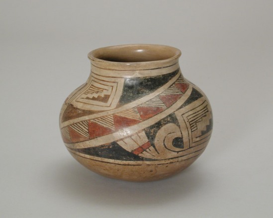 Hearst Museum object titled Pot, accession number 3-11105, described as Pot, polychrome, flaring rim: 2 pair perforations near rim;  H 128 mm, diam 155 mm.