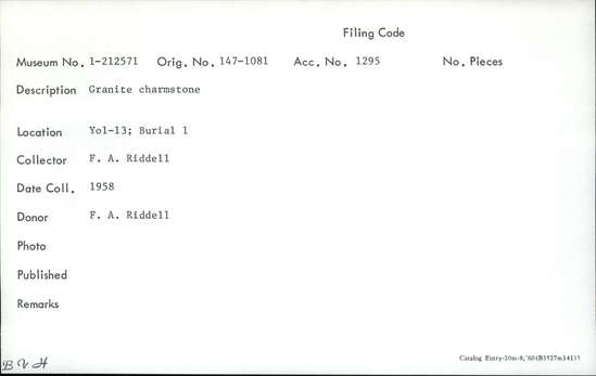 Documentation associated with Hearst Museum object titled Charmstone, accession number 1-212571, described as Granite.