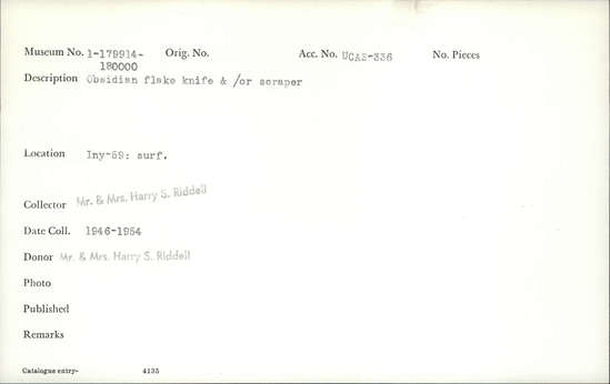 Documentation associated with Hearst Museum object titled Knife, accession number 1-179940, described as Or knife. Flake obsidian.