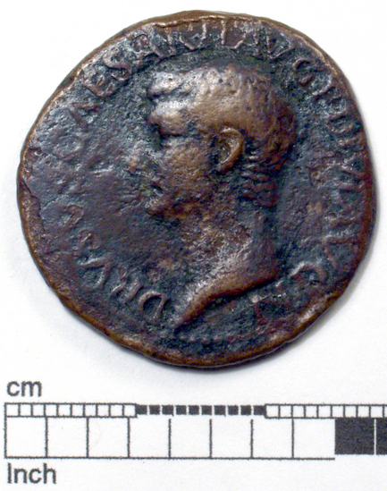 Hearst Museum object titled Coin: æ as, accession number 8-6460, described as Coin; Æ; aes grave; as; legends partially obscured; weight: 10.19 grams; size: 27.4 mm. Obverse: Head of Drusus, bare, facing left. “DRVS(VS CA)ESAR TI AVG F DI(VI AVG N)”. Reverse: “SC” large in center. “PO(NTIF TRI)BVN (POTEST) ITER”.