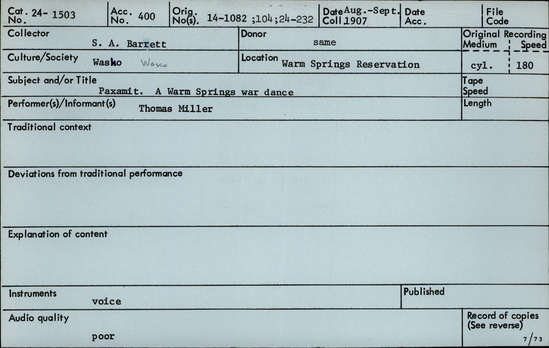 Documentation associated with Hearst Museum object titled Audio recording, accession number 24-1503, described as Warm Springs War Dance (Paxamit) Song