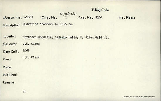 Documentation associated with Hearst Museum object titled Chopper, accession number 5-5561, described as Quartzite chopper; L. 16.5 cm