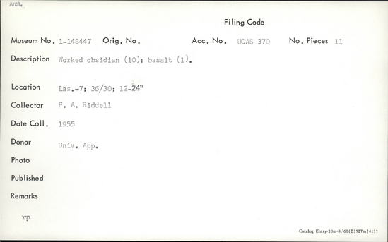 Documentation associated with Hearst Museum object titled Lithic, accession number 1-148447, described as Worked obsidian (10); basalt (1).