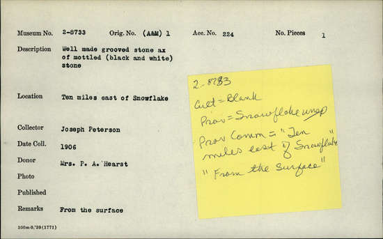 Documentation associated with Hearst Museum object titled Axe, accession number 2-8733, described as Well-made grooved stone ax of mottled (black and white) stone.