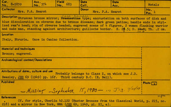 Documentation associated with Hearst Museum object titled Stemmed mirror, accession number 8-5859, described as Etruscan bronze mirror; cast-handle type; encrustation on both surfaces of disk and blue discoloration on obverse due to bronze disease; dark green patina; handle ends in stylized ram’s head; rim of obverse beaded; engraved scene of four figures, two women flanking Minerva (Greek=Athena) and nude man, standing against architecture; guilloche border; mirror appears to have been conserved with a translucent glaze.