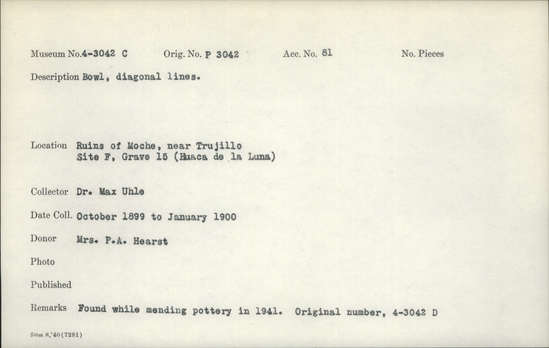 Documentation associated with Hearst Museum object titled Bowls (5), accession number 4-3042c, described as Bowl, diagonal lines