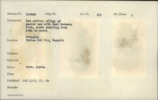 Documentation associated with Hearst Museum object titled Figurine, accession number 3-3666, described as Red pottery effigy of seated man with bowl between feet, snake crawling from bowl to mouth