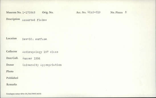 Documentation associated with Hearst Museum object titled Assorted flakes, accession number 1-173848, described as Assorted flakes.