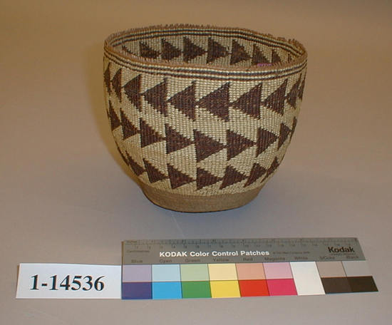 Hearst Museum object titled Basket, accession number 1-14536, described as Small, deep, straight-walled. White, ornamented with 3 rows of red triangles.